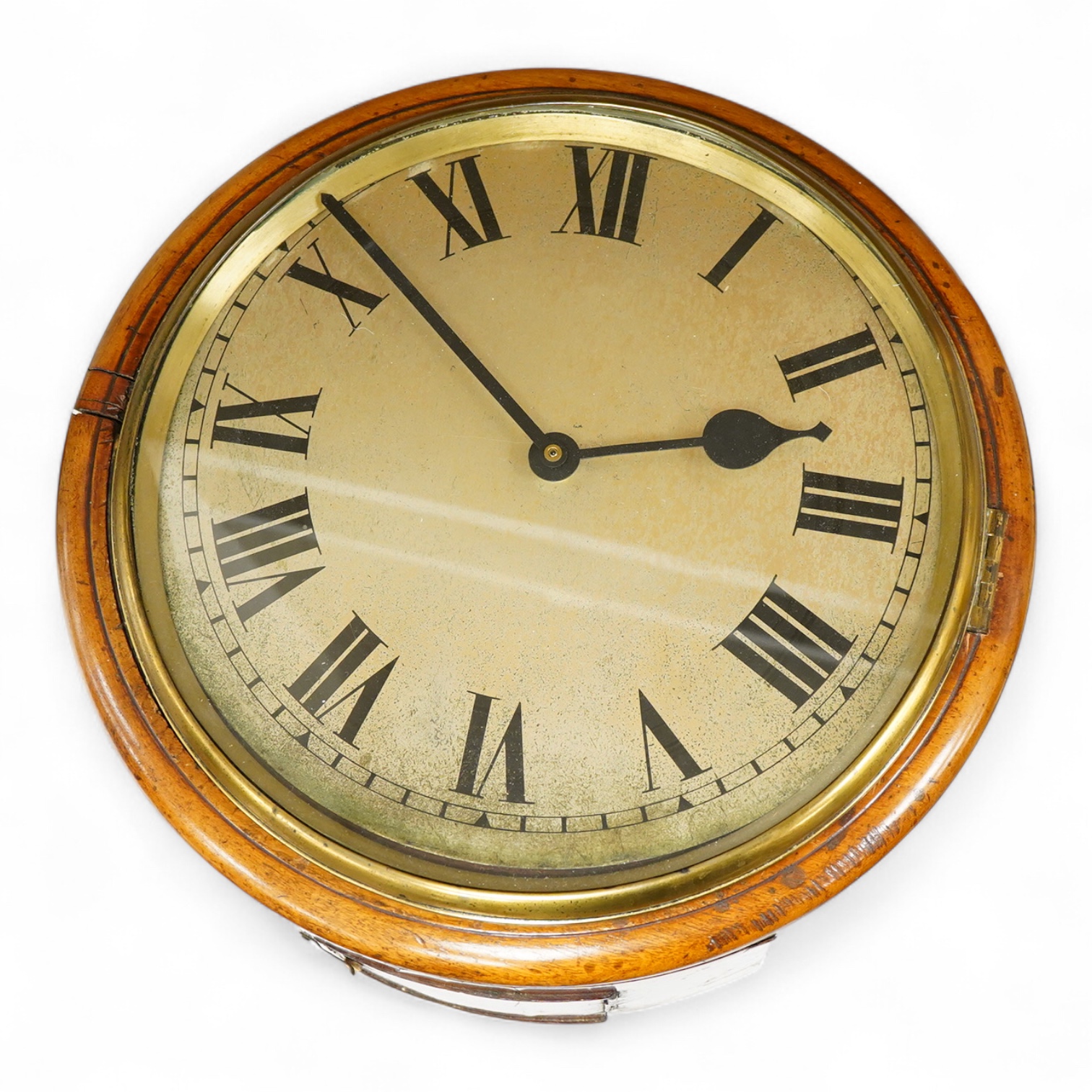 A Victorian wall dial clock case, lacking movement, 37cm in diameter
